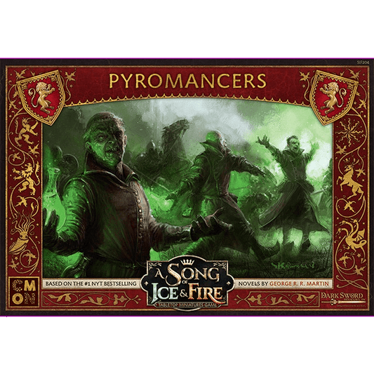 A fantasy image shows three dark-robed pyromancers with green Wildfire flames, featured on the A Song of Ice & Fire Pyromancers by Cool Mini Or Not. An ornate red border displays lion crests and the title PYROMANCERS.