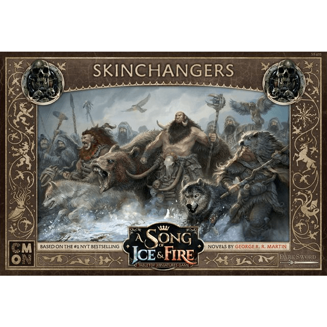 Fantasy art of wild warriors, animals, and wolves charging into battle led by a bearded Free Folk commander. Ornate border frames the scene with "A Song of Ice & Fire Skinchangers" by Cool Mini Or Not at the bottom.