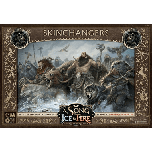 Fantasy art of wild warriors, animals, and wolves charging into battle led by a bearded Free Folk commander. Ornate border frames the scene with "A Song of Ice & Fire Skinchangers" by Cool Mini Or Not at the bottom.