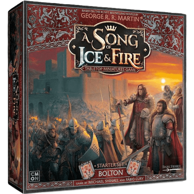 The box cover of the A Song of Ice & Fire Starter Set Bolton by Cool Mini Or Not displays armored House Bolton knights and soldiers before a castle—ideal for Game of Thrones miniatures fans.