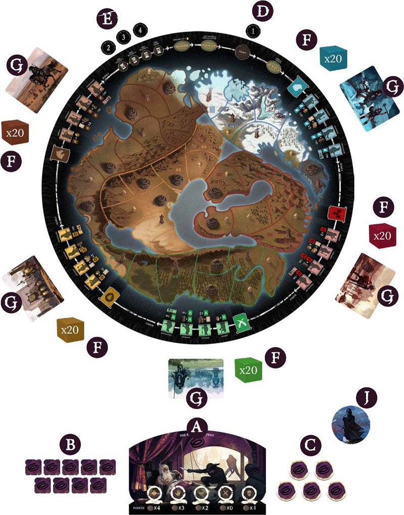 The setup of A War of Whispers (Second Edition) by Starling Games features a central fantasy map, colored player markers around the edge, card stacks, tokens, character boards, and labeled areas A–J—everything neatly arranged for play.