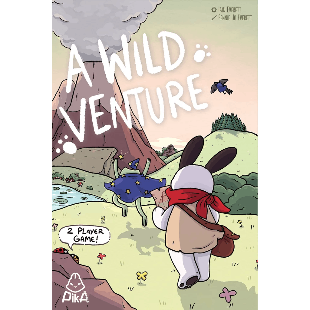 A cartoon rabbit in a red scarf heads toward a wizard costume with mountains, trees, and a smoking volcano behind. The image displays "A Wild Venture" by Pika Games—a 2-player game perfect for tactical duel enthusiasts.