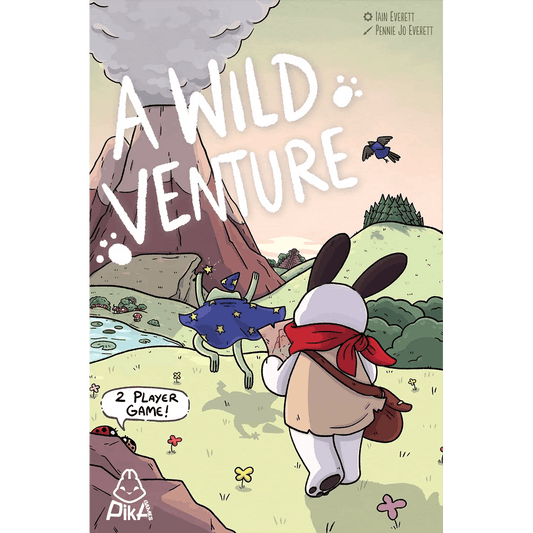 A cartoon rabbit in a red scarf heads toward a wizard costume with mountains, trees, and a smoking volcano behind. The image displays "A Wild Venture" by Pika Games—a 2-player game perfect for tactical duel enthusiasts.