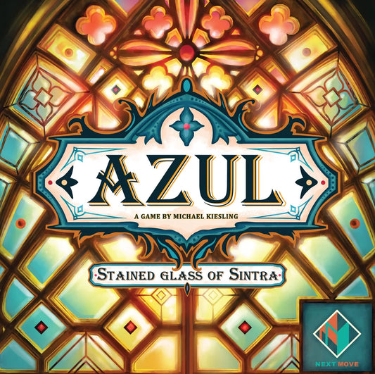The box cover of Azul: Stained Glass of Sintra by Next Move Games features a vibrant stained glass window design, showcases double-sided player boards, and displays the game's title prominently in the center.