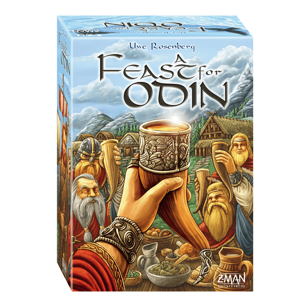 Box cover of A Feast for Odin by Z-Man Games, a Viking-themed board game, featuring a hand raising a drinking horn amid villagers, abundant food, and a Norse village in the background.
