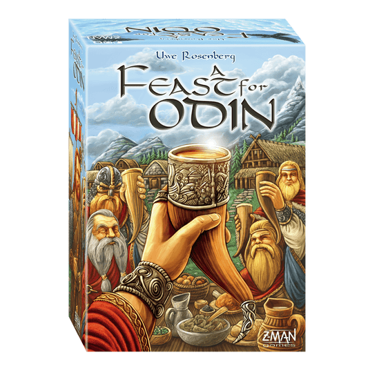 Box cover of A Feast for Odin by Z-Man Games, a Viking-themed board game, featuring a hand raising a drinking horn amid villagers, abundant food, and a Norse village in the background.