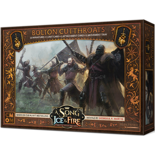 Box art for A Song of Ice & Fire Bolton Cutthroats by Cool Mini Or Not features armored warriors charging, with gold decorative borders and tabletop miniatures game branding highlighting the dramatic packaging.