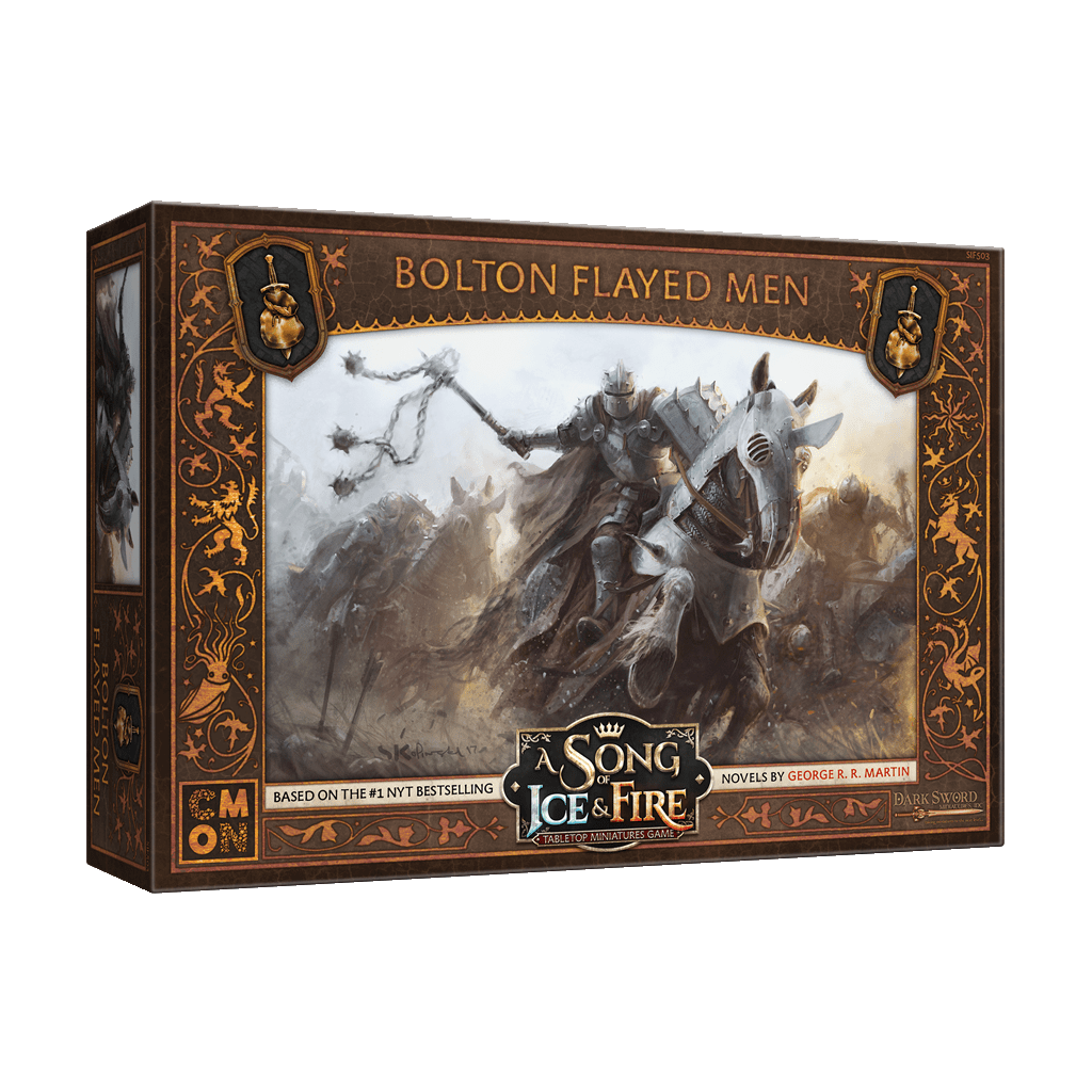 The box for Cool Mini Or Not’s A Song of Ice & Fire Bolton Flayed Men showcases armored cavalry with flayed man banners in battle, surrounded by ornate gold designs.