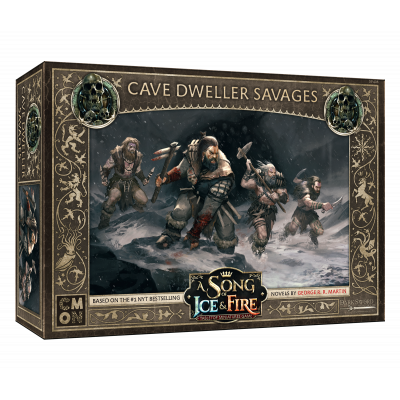 The Cool Mini Or Not A Song of Ice & Fire Cave Dweller Savages box features fierce warriors with weapons in snowy terrain, ideal for Free Folk commanders and packaged in ornate, fantasy-themed artwork.
