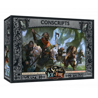 The A Song of Ice & Fire Conscripts by Cool Mini Or Not features illustrated medieval soldiers with spears and swords in a wooded setting—ideal for reinforcing your Night’s Watch army with new recruits.