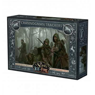 A Song of Ice & Fire Crannogman Trackers by Cool Mini Or Not features hooded archers in a misty forest on the box, with ornate borders and branding. An ideal expansion for Free Folk commanders in your tabletop game.