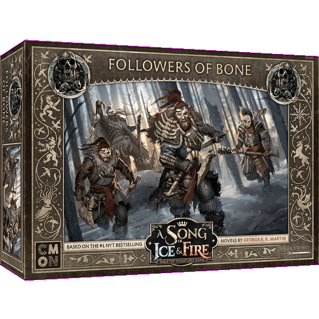 Box art for Cool Mini Or Not’s A Song of Ice & Fire Free Folk Followers of Bone shows bone-armored warriors with weapons in a snowy forest, detailed borders, and the game’s logo.