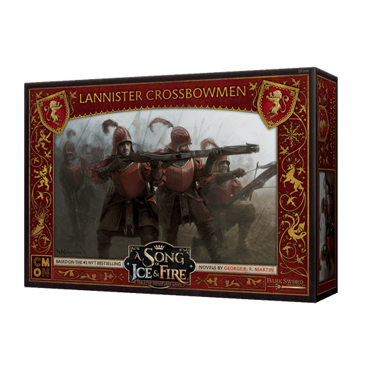 A Song of Ice & Fire Lannister Crossbowmen by Cool Mini Or Not features detailed red-armored miniatures with crossbows, packaged in ornate red and gold box.