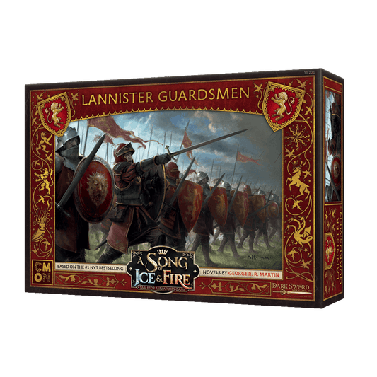 A Song of Ice & Fire Lannister Guardsmen by Cool Mini Or Not features armored soldiers with red shields and banners on a cloudy battlefield, all framed by ornate red and gold borders.