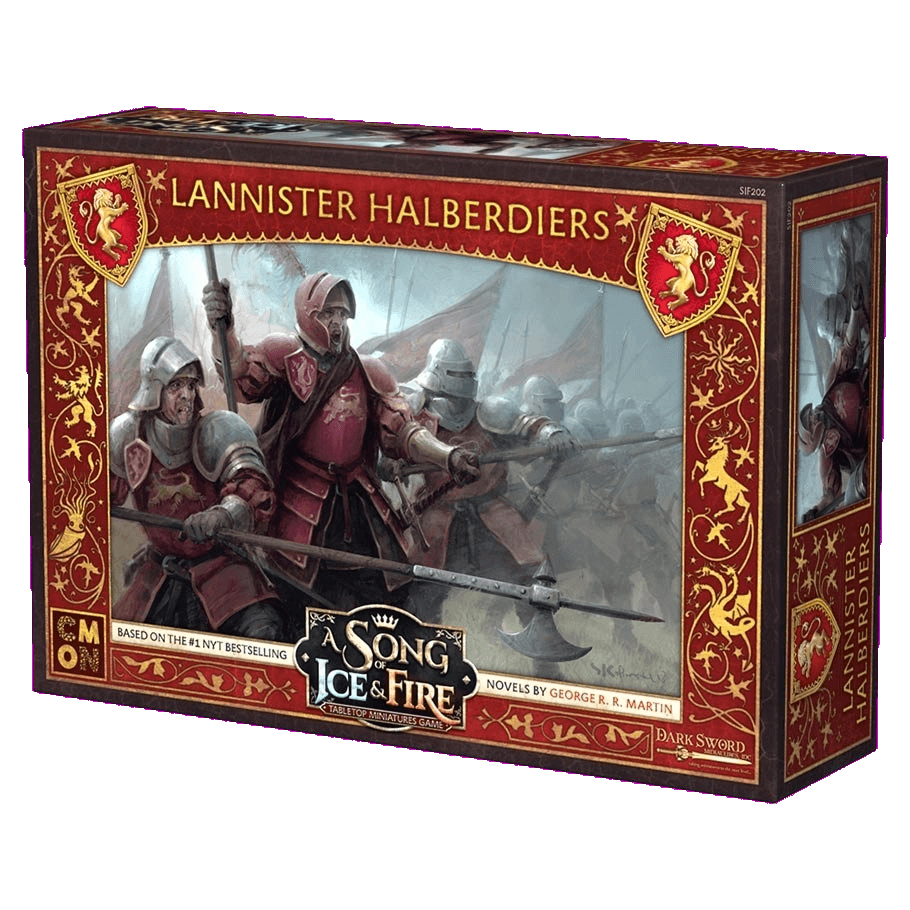 The A Song of Ice & Fire Lannister Halberdiers boxed set by Cool Mini Or Not features armored red-clad soldiers with halberds on the cover, bordered by ornate red and gold Lannister designs.