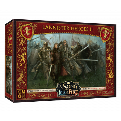 The A Song of Ice & Fire Lannister Heroes II box by Cool Mini Or Not features armored Lannister heroes with swords and shields, set among soldiers and adorned with rich red, gold, and lion motifs.