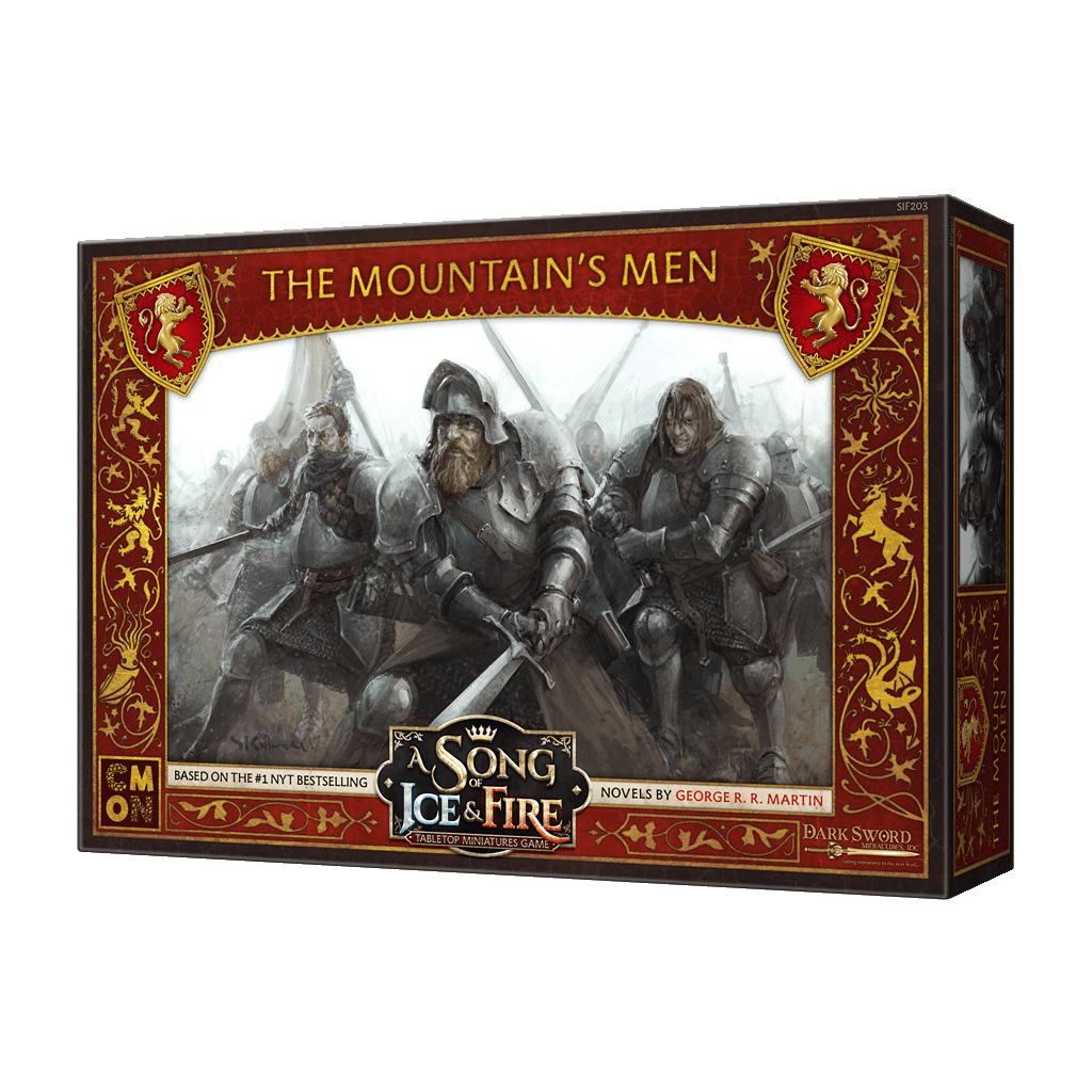 A Song of Ice & Fire Mountain's Men by Cool Mini Or Not is a game box featuring armored warriors with swords and axes, red and gold borders, and the series logo.