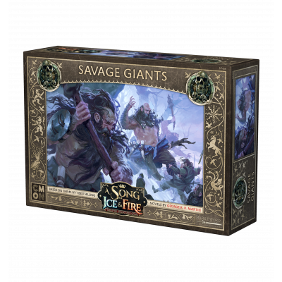 A box of Cool Mini Or Not’s A Song of Ice & Fire Savage Giants, featuring fantasy art of Free Folk giants in battle, with ornate designs and brand logos on the packaging.