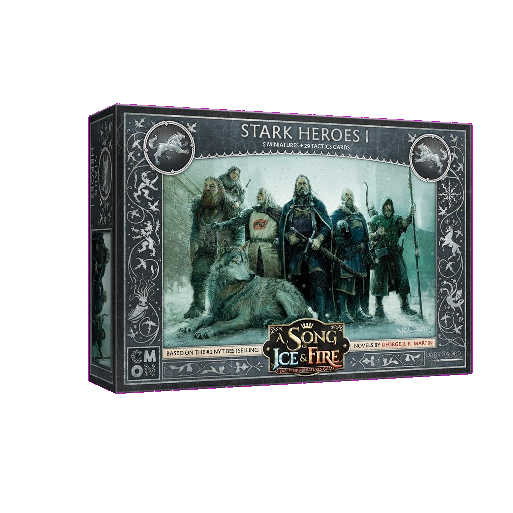 A Song of Ice & Fire Stark Heroes I by Cool Mini Or Not is a box set for the tabletop miniatures game, featuring five armed House Stark characters and a direwolf in snow, inspired by George R. R. Martin's novels.