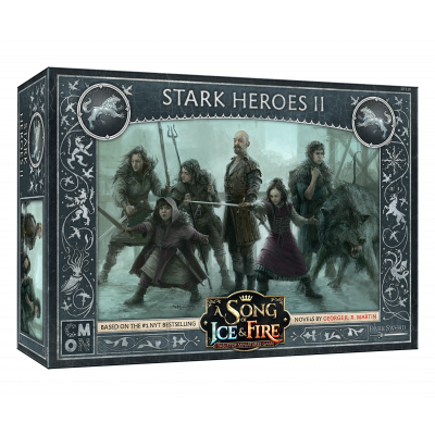 Box cover of A Song of Ice & Fire Stark Heroes II by Cool Mini Or Not, showing detailed artwork of armored Stark heroes poised for battle in a snowy setting.