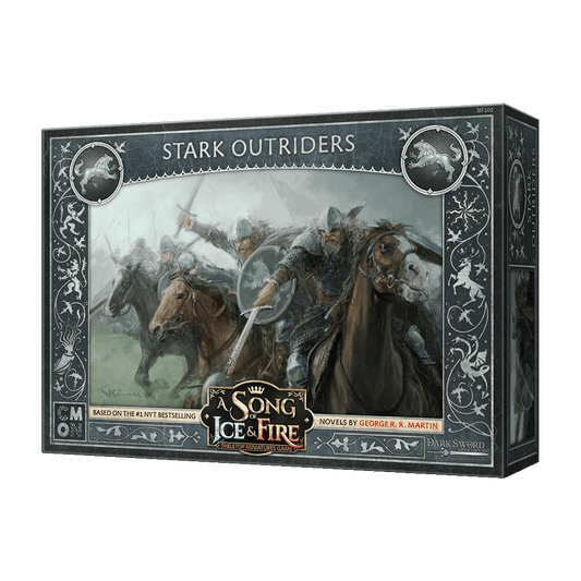 Box for Cool Mini Or Not’s A Song of Ice & Fire Stark Outriders, showing armored cavalry charging forward with swords raised, surrounded by ornate borders and wolf sigils.