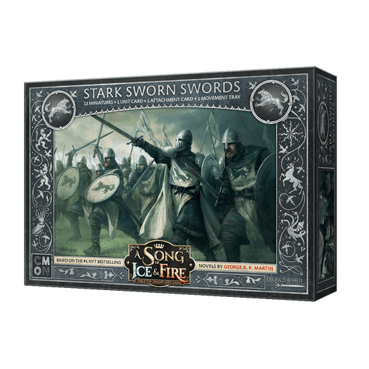 The A Song of Ice & Fire Stark Sworn Swords box by Cool Mini Or Not features armored warriors with swords and shields, perfect for your tabletop battles in this epic miniatures game.