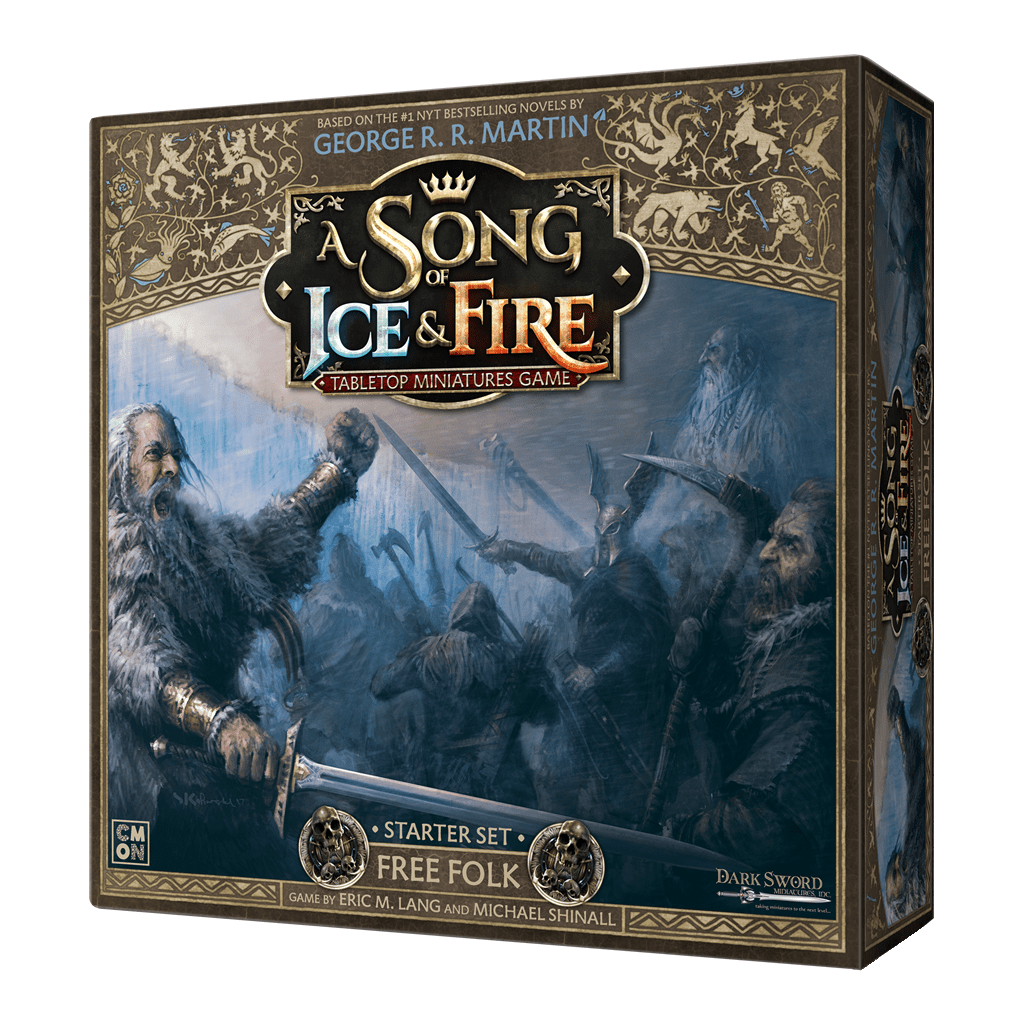 Cool Mini Or Not’s A Song of Ice & Fire Starter Set Free Folk features striking fantasy art of fierce, weapon-wielding Free Folk Raiders on a wintry battlefield—perfect for building your Free Folk army.