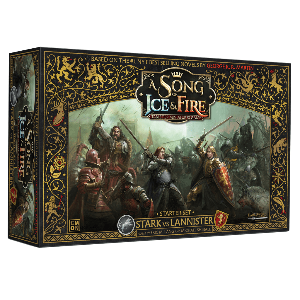 The Cool Mini Or Not A Song of Ice & Fire Starter Set Stark vs Lannister features striking cover art with armored warriors from both houses clashing, making it an ideal choice for tabletop miniatures game enthusiasts.