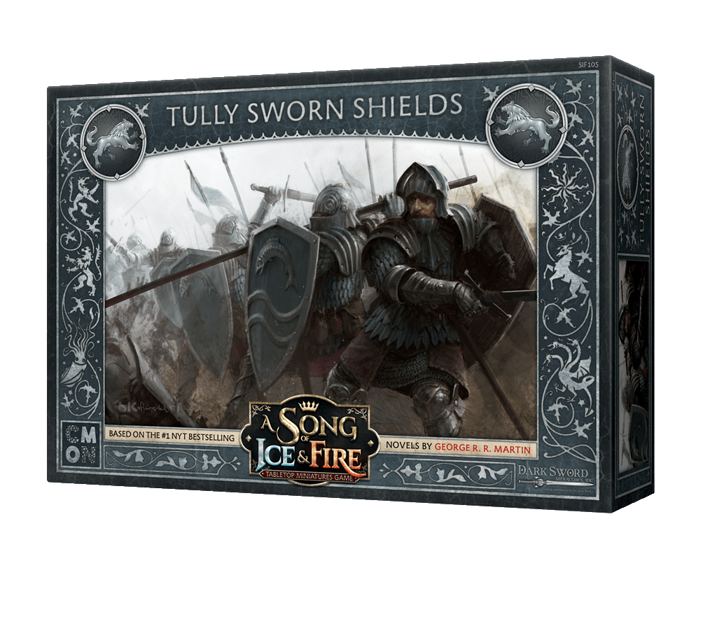 The A Song of Ice & Fire Tully Sworn Shields by Cool Mini Or Not features armored House Stark soldiers with shields and spears, surrounded by fantasy-themed artwork and a decorative border.