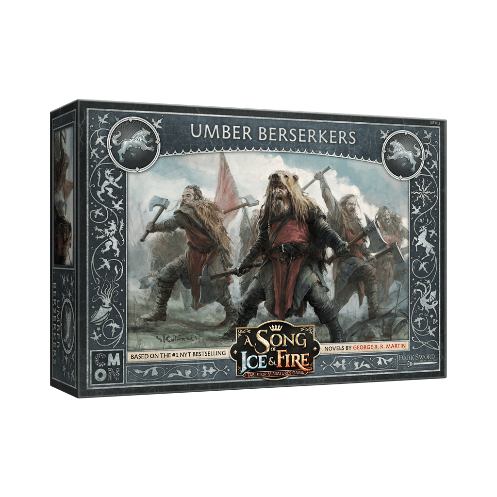 Box for A Song of Ice & Fire Umber Berserkers by Cool Mini Or Not, featuring fierce armored warriors wielding axes, ready to charge into battle alongside Stark Commanders on a chaotic battlefield.