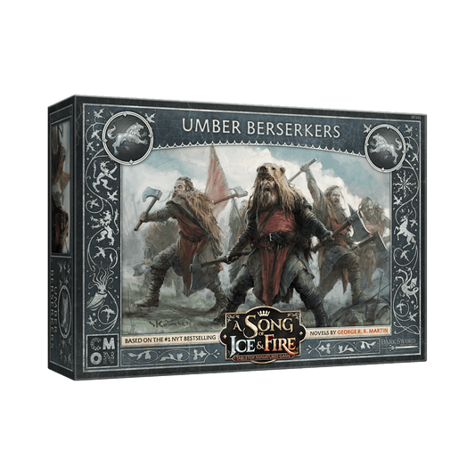 Box for A Song of Ice & Fire Umber Berserkers by Cool Mini Or Not, featuring fierce armored warriors wielding axes, ready to charge into battle alongside Stark Commanders on a chaotic battlefield.
