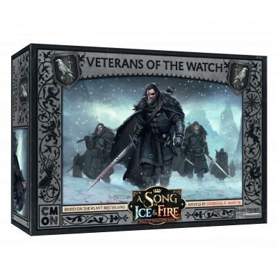 The box cover for Cool Mini Or Not's A Song of Ice & Fire Veterans of the Watch shows armored Night’s Watch soldiers with swords in snowy terrain, framed by a dark ornate border, with the game title centered below.