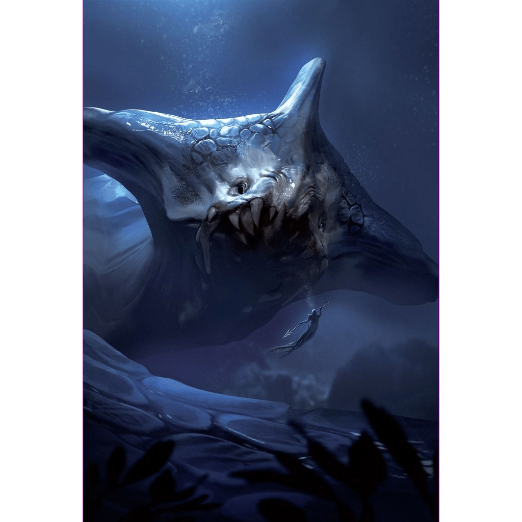 In the dark ocean, a diver confronts a huge, sharp-toothed sea beast with a hammerhead shape. This chilling scene is inspired by Abyss: Leviathan Expansion from Bombyx, illuminated by faint blue light above.