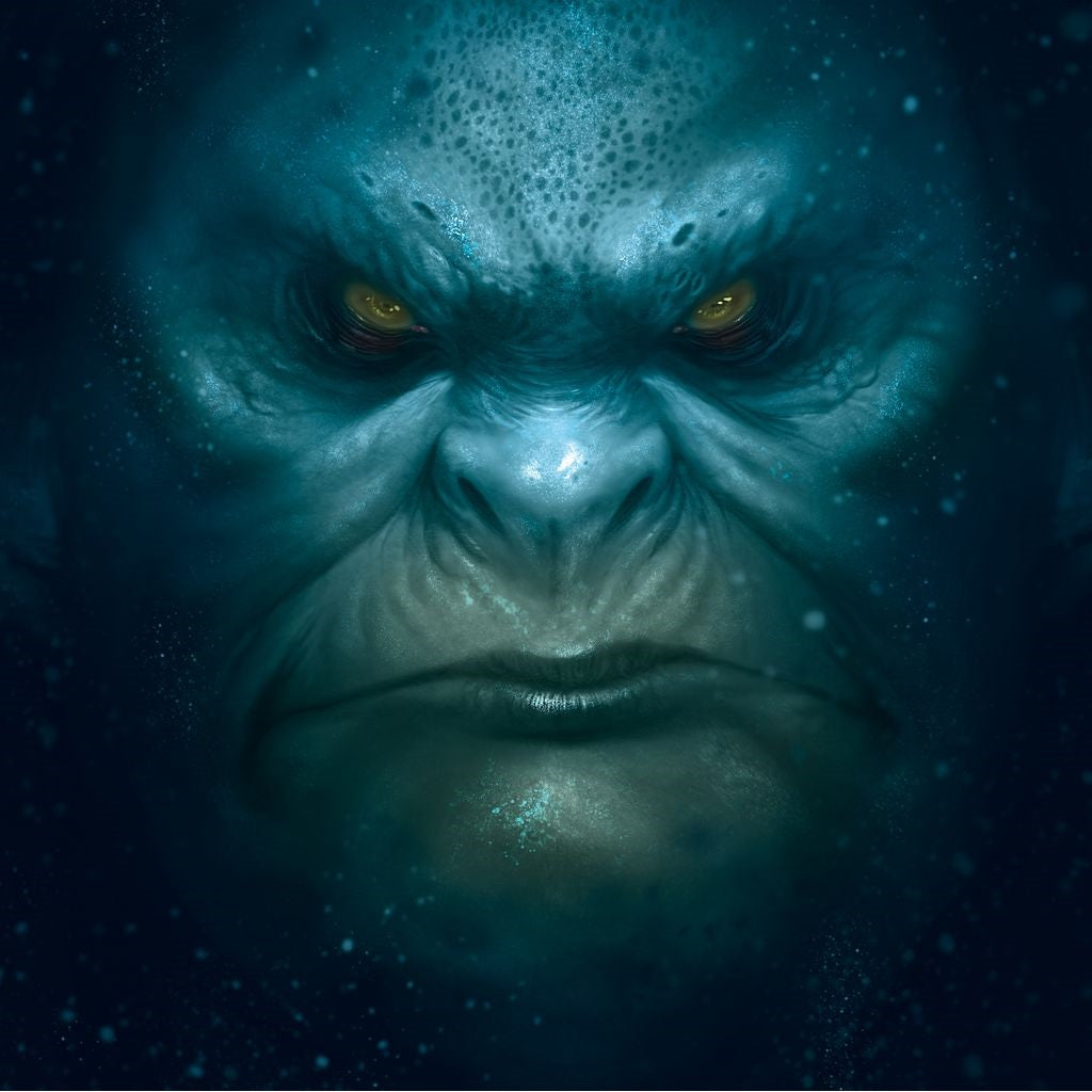 A close-up of a menacing, blue-skinned aquatic creature with glowing yellow eyes, inspired by Bombyx’s Abyss board game, where players recruit Lords to rule the underwater city in this deep-sea strategy adventure.