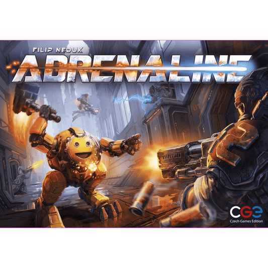 The cover art for Adrenaline by Czech Games Edition (CGE) features armored figures and a robot in a futuristic battle with energy blasts, plus the game's bold metallic title and CGE logo.