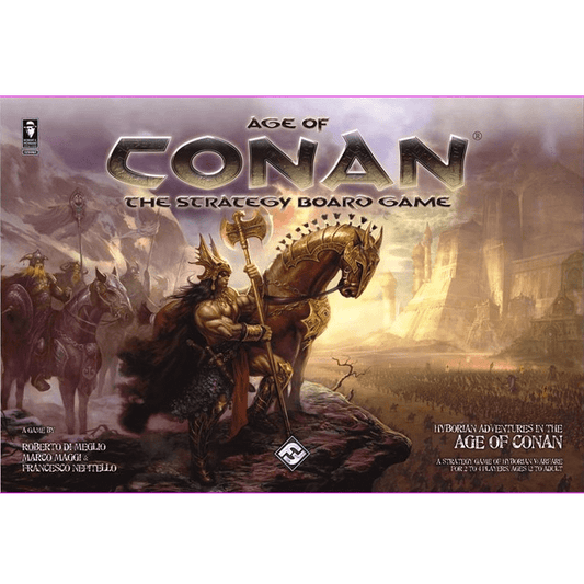 The box cover of Ares Games’ Age of Conan: The Strategy Board Game shows Conan the Cimmerian with axe and shield by a decorated horse, set before a fantasy city and dramatic Hyborian Age mountains.