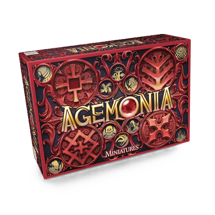 The Agemonia Miniatures game box by Lautapelit showcases striking red and gold designs on black, with “AGEMONIA” in bold gold—an ideal choice for board game miniature enthusiasts.