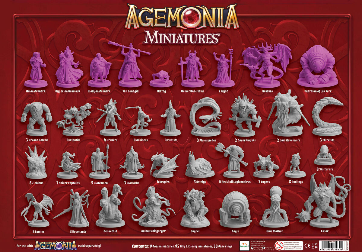 The back of the box for Lautapelit’s Agemonia Miniatures showcases 39 detailed purple and gray board game miniatures, each labeled with a character name, set against a red background with “Agemonia Miniatures” at the top.