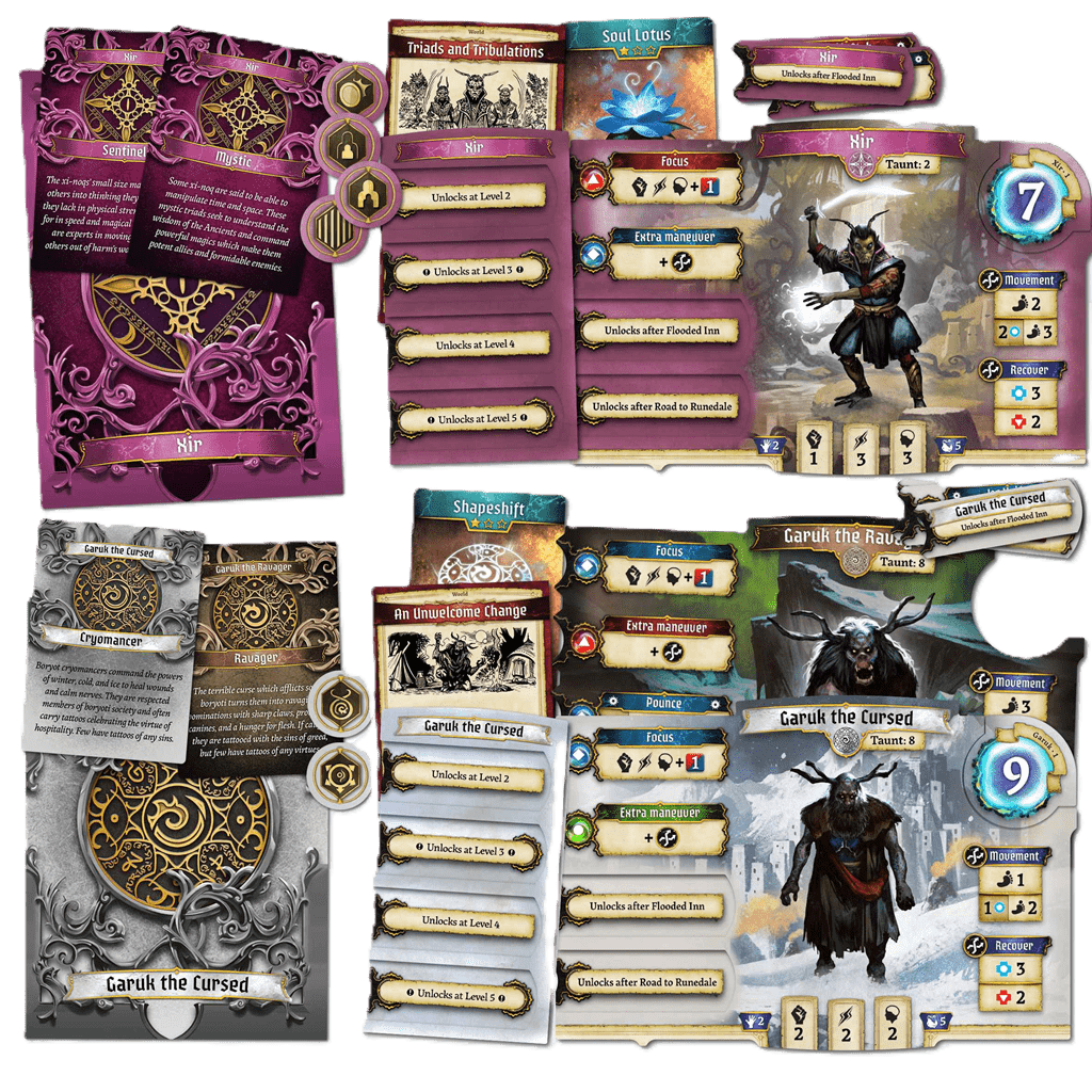 The Agemonia: New Heroes Expansion by Lautapelit features colorful character cards, tokens, and unique heroes with new abilities, detailed stats, and fantasy artwork for this cooperative board game.