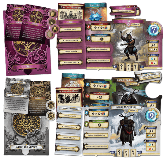 The Agemonia: New Heroes Expansion by Lautapelit features colorful character cards, tokens, and unique heroes with new abilities, detailed stats, and fantasy artwork for this cooperative board game.