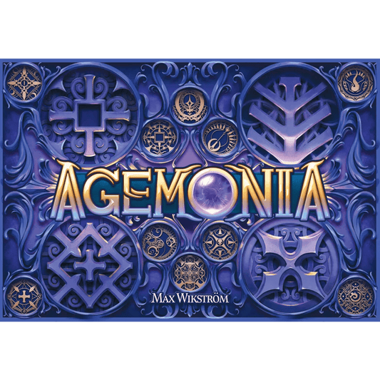 A decorative blue and purple Agemonia Bundle box from Lautapelit features ornate patterns, circular symbols, and AGEMONIA in large gold letters at the center—Max Wikström is credited on this fantasy adventure game.