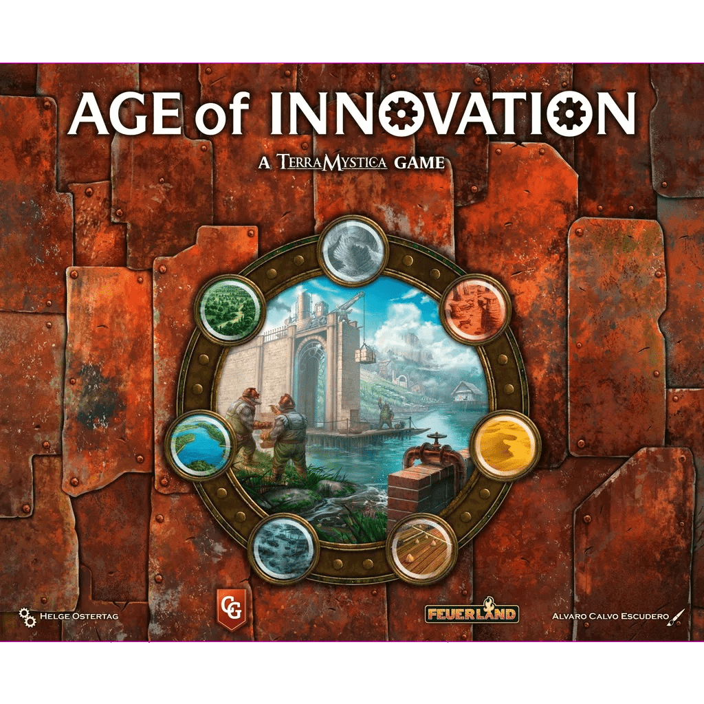 Box cover for Age of Innovation by Capstone Games, with a circular medieval city gate illustration, six colored tokens, and a rusty metallic background capturing this epic strategy game's immersive world.
