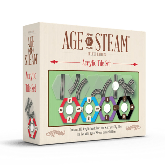 Box for Eagle-Gryphon Games’ Age of Steam Deluxe: Acrylic Track Tiles set, featuring colorful acrylic hex tiles with tracks, content details, and compatibility info for the Age of Steam Deluxe board game.