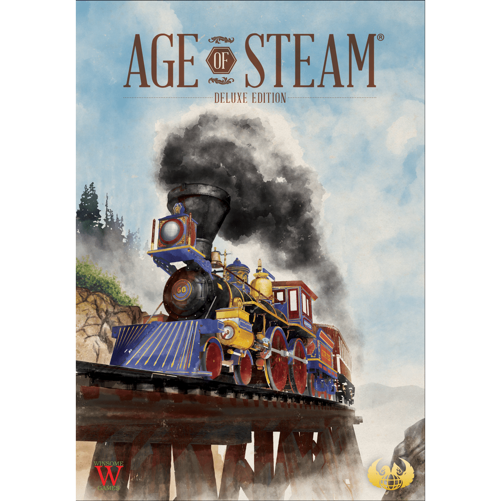 A vibrant steam locomotive crosses a wooden bridge, with smoke swirling under a blue sky. The cover features "Age of Steam: Deluxe Edition (2023)" by Eagle-Gryphon Games, depicting this classic railroad board game amid clouds and trees.