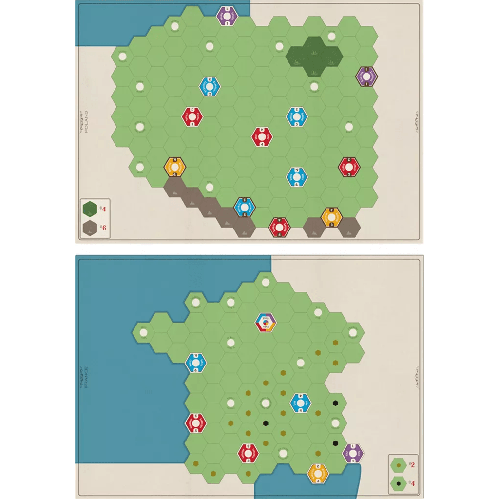 The Age of Steam Deluxe: Expansion Maps France & Poland by Eagle-Gryphon Games includes two hexagonal boards—one with green/brown hexes above, and one below with blue water left and green land featuring tokens and icons.