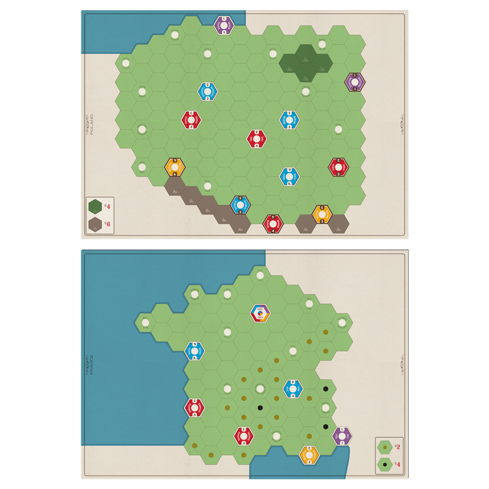 Age of Steam Deluxe: Expansion Maps Hungary & Finland by Eagle-Gryphon Games features two hexagonal maps—one forested, one with water—linked by beige backgrounds. Colored tokens (red, blue, yellow, purple) rest on green and brown tiles.