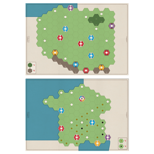 Age of Steam Deluxe: Expansion Maps Hungary & Finland by Eagle-Gryphon Games features two hexagonal maps—one forested, one with water—linked by beige backgrounds. Colored tokens (red, blue, yellow, purple) rest on green and brown tiles.