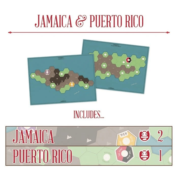 Age of Steam Deluxe: Expansion Maps Jamaica & Puerto Rico by Eagle-Gryphon Games includes two illustrated hex-grid boards—Jamaica (2 players) and Puerto Rico (1 player)—with the title “Jamaica & Puerto Rico” displayed.