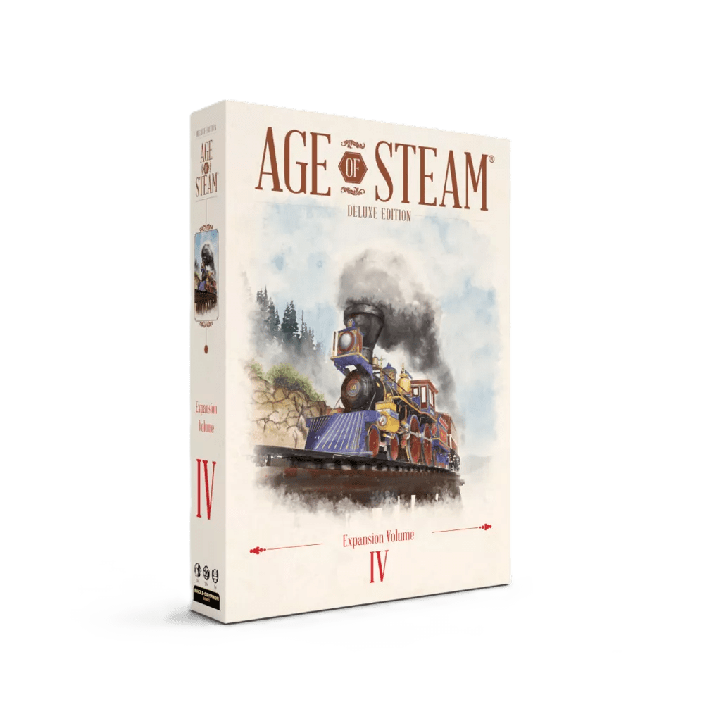 Box of "Age of Steam Deluxe: Expansion Volume IV" by Eagle-Gryphon Games, featuring new map expansions and a steam locomotive illustration on a light background with bold red text.