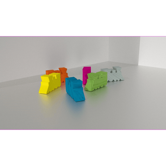 A row of five colorful locomotives from the Age of Steam: Wooden Locomotives (Set of 150) by Eagle-Gryphon Games is displayed on a plain light gray surface against a simple white background.